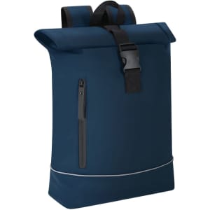 A navy blue Norzal Backpack with a roll-top design, adjustable straps, and a front zip pocket.
