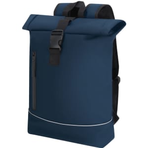 A navy blue backpack with a roll-top closure, adjustable straps, and a side zip pocket, featuring a logo.