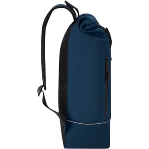 A navy blue backpack with black accents, featuring a roll-top design and a front zipper pocket.