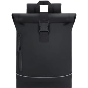 A black Norzal backpack with a roll-top design, featuring a front zipper pocket and adjustable straps.
