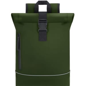 A green Norzal Backpack with a roll-top design, featuring a front zip pocket and a logo.