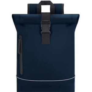 A navy blue Norzal backpack featuring a roll-top closure and a front zip pocket. It includes a logo on the design.