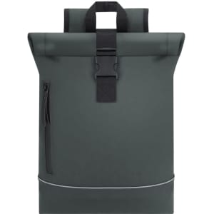 A dark green Norzal Backpack with a roll-top closure, adjustable straps, and a side zip pocket, featuring a logo.