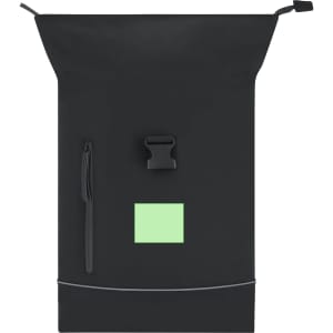 A black Norzal Backpack with a roll-top closure, featuring a front zip pocket and a logo.
