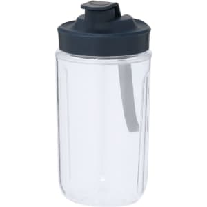 A clear drink bottle with a dark blue lid, featuring a straw and a logo on the front.