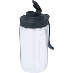 A clear drink bottle with a black lid and handle, designed for blending and mixing beverages.