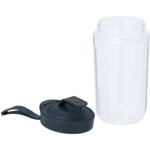 A clear blender bottle with a dark grey lid. The bottle is designed for blending and mixing beverages.