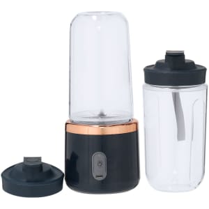 A Kalact Blender featuring a dark blue base with a clear blending jar and a rose gold accent. Includes a lid.
