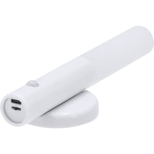 A white torch with a cylindrical design and a base, featuring a charging port and a power button.