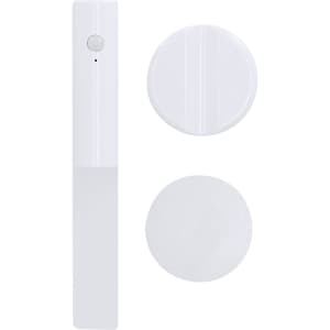 A white torch emergency keyring with a circular base and a round adhesive pad. It includes a branding logo.