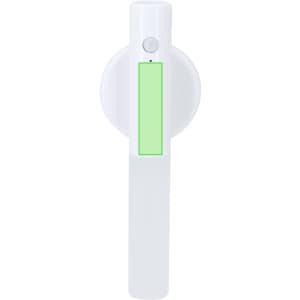 A white torch with a long handle and an illuminated green section, featuring a button and a logo.