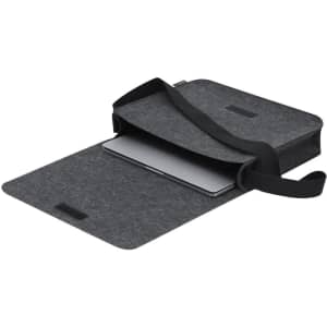 A grey felt laptop bag with a shoulder strap, featuring a compartment for a laptop inside.