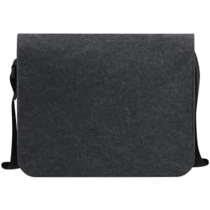 A grey shoulder bag with a flap design, featuring a shoulder strap and a branding logo.