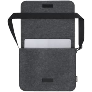 A grey laptop shoulder bag with a strap and an open pocket for a laptop. It features a branding logo.