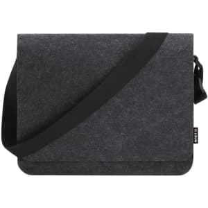 A grey felt laptop bag with a black strap and a logo on the side.