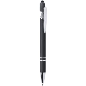A black pen with a chrome clip and accents, featuring a sleek design and a smooth writing tip.
