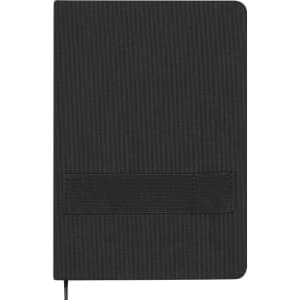 A black notepad with a textured cover and an elastic band for closure, featuring a logo on the front.
