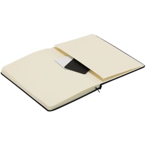 An open Rubin Notepad with a black cover and cream-coloured pages, featuring a pocket for loose papers.