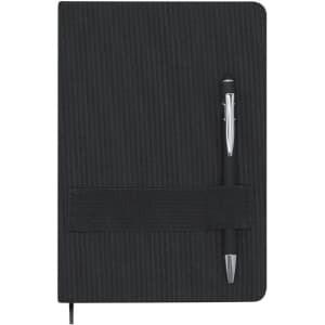 A black notepad with a textured cover, featuring an elastic band and a pen attached to it.