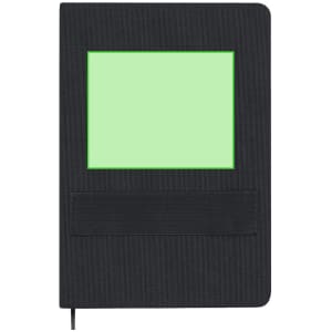 A black notepad with a green accent and an elastic closure. It has a blank section on the front for personalisation.
