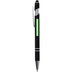 A black pen with a chrome clip and a green section for branding or decoration.