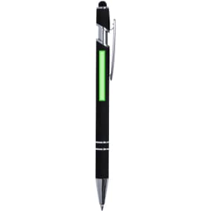 A black pen with a green accent and a silver clip, featuring a sleek design.