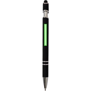 A black pen with a silver accent and a bright green illuminated section at the top. It has a stylus tip.