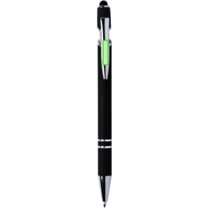 A sleek black pen with chrome accents and a green highlight, featuring a logo on the barrel.