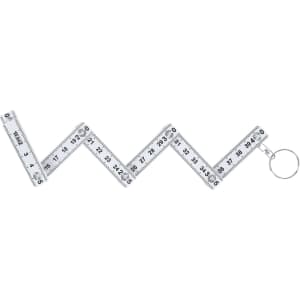A silver keyring ruler, featuring a zigzag design with metric measurements marked along its length.