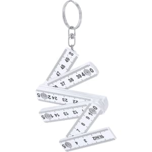 A white keyring ruler with flexible measuring sections, displaying measurements from 0 to 50 cm. It includes a metal keyring.