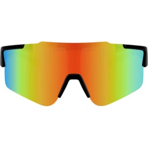 A pair of Hozal sunglasses featuring a large, mirrored lens with a gradient of orange and green colours, and a black frame.