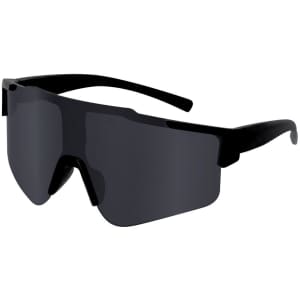 A pair of black sunglasses with a sleek, modern design and a logo on the side.