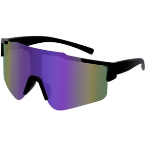 A pair of black sunglasses with a large purple gradient lens and a modern design.