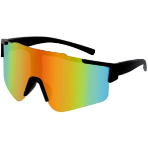 Sunglasses featuring a large iridescent lens with a black frame, suitable for leisure and outdoor activities.