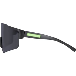 Sleek black sunglasses with a green accent on the temple, featuring a modern design and large lenses.