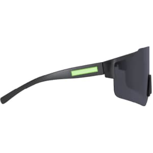 Sunglasses with a black frame and dark lenses, featuring a green accent on the arm and a logo.