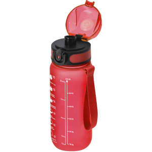A drink bottle in vibrant red with a black lid and a built-in carry strap. It features measurement markings on the side.