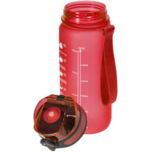 A drink bottle in vibrant red with a transparent cap and a strap, featuring measurement markings on the side.