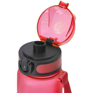 A drink bottle in a vibrant pink colour with a flip-top lid and a black spout. It features a strap and a logo.