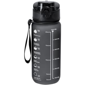 A drink bottle in matte black with measurement markers, a flip-top lid, and a carry strap. It features a logo.