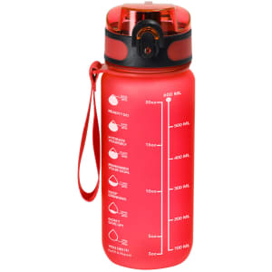 A drink bottle in bright red, featuring measurement markers and a flip-top cap, with a logo on the side.