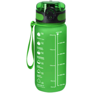 A drink bottle in vibrant green with a black lid, featuring a logo and measurement markings on the side.