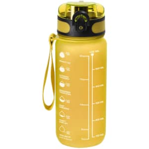 A drink bottle in bright yellow with a black lid and a measurement scale on the side. It features a logo.