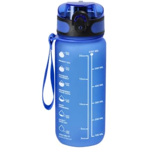 A blue drink bottle with a black lid, featuring measurement markings and a strap for carrying.