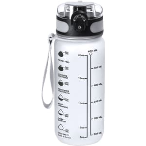 A drink bottle in clear plastic with black accents and measurement markings for hydration tracking. It has a flip-top lid and a strap.