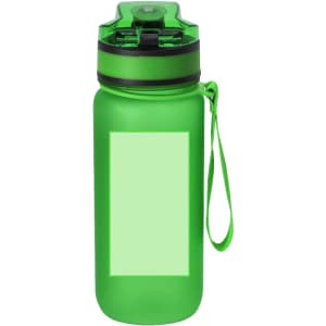 A drink bottle in vibrant green, featuring a flip-top lid and a strap for easy carrying. It has a blank area for personalisation.