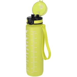 A drink bottle in bright yellow with a black lid and carrying strap, featuring measurement markings on the side.