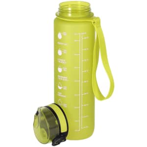 A drink bottle in vibrant lime green with measurement markings and a black lid. It features a carrying strap and branding.