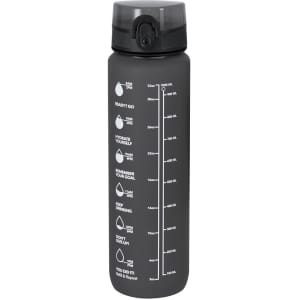 A drink bottle in matte black, featuring a flip-top lid and measurement markings on the side, along with a logo.