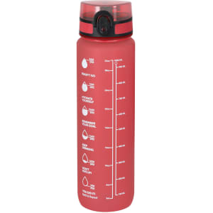 A drink bottle in a vibrant red colour, featuring a measurement scale and a functional lid with a logo.